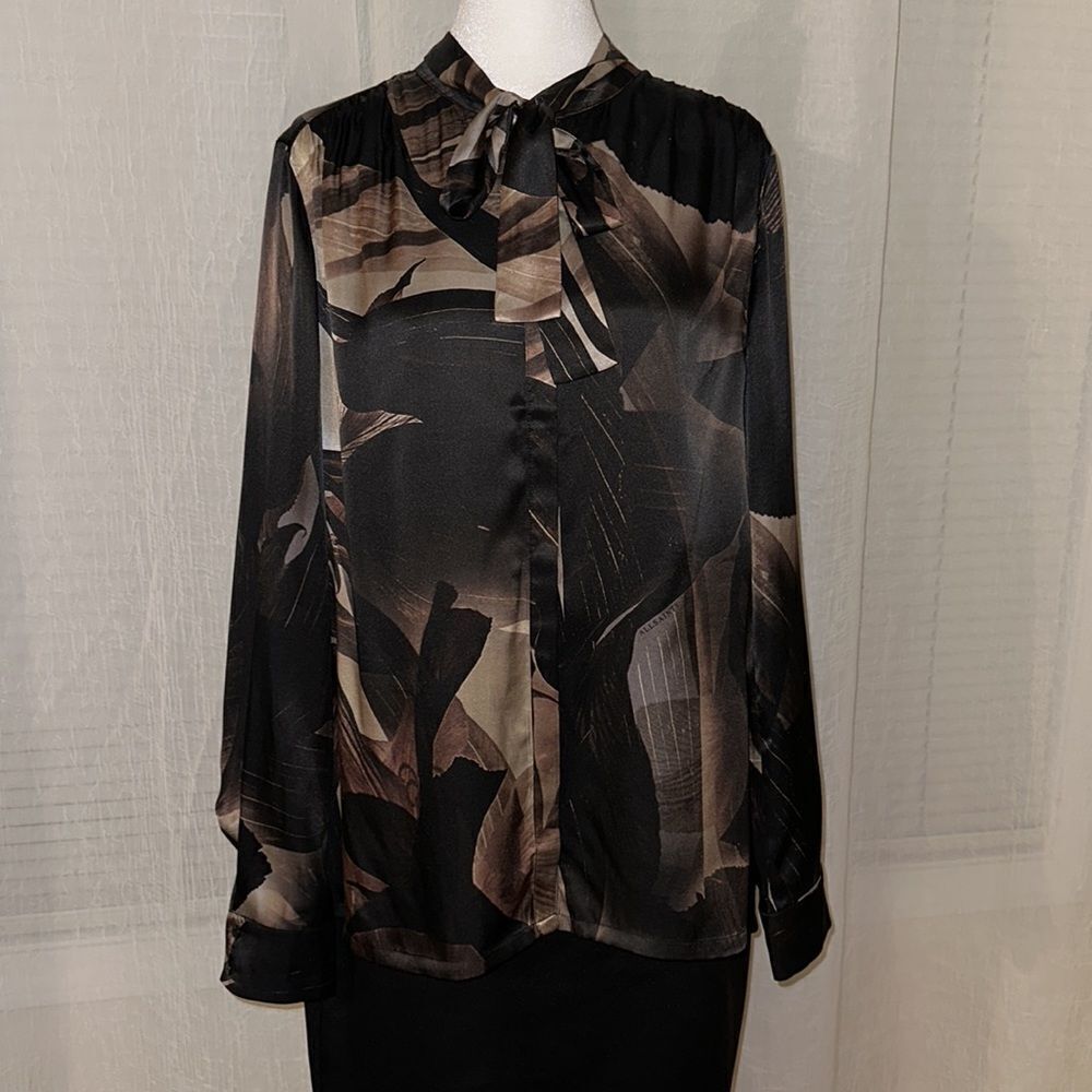 All Saints Black Satin Abstract Floral Tie-Neck Blouse with Bronze Accents - Picture 12 of 16